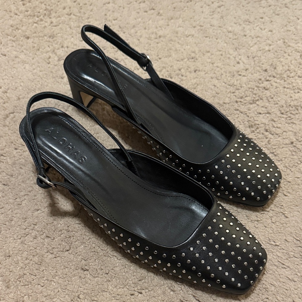 ALOHAS Studded Slingback Heels | Black Leather w/ Silver Studs | EU 39 (US 8.5)